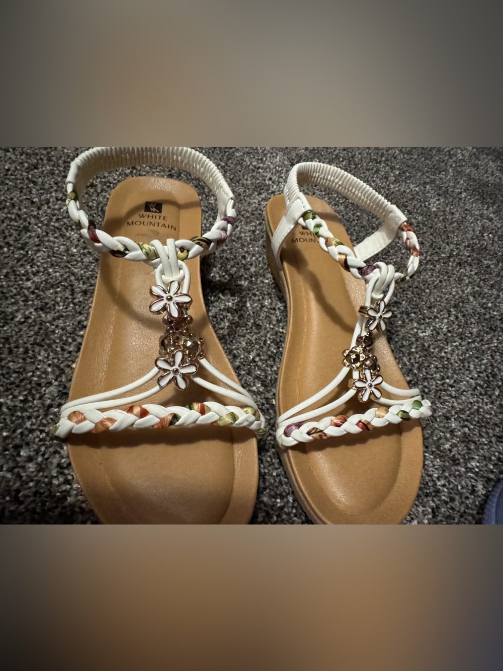 White Mountain White Braided Floral T-Strap Sandals with Tan Footbed